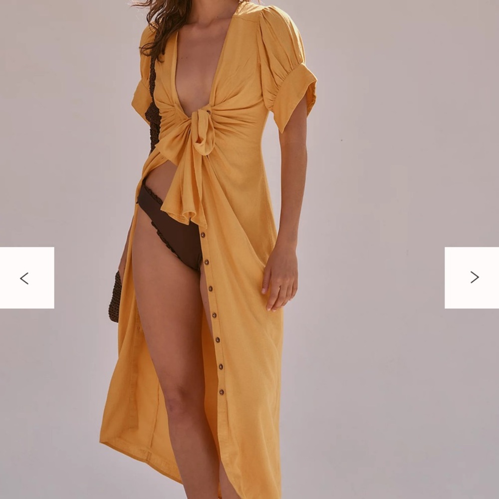 Free People Vintage Summer Yellow Tie-Front Midi Dress